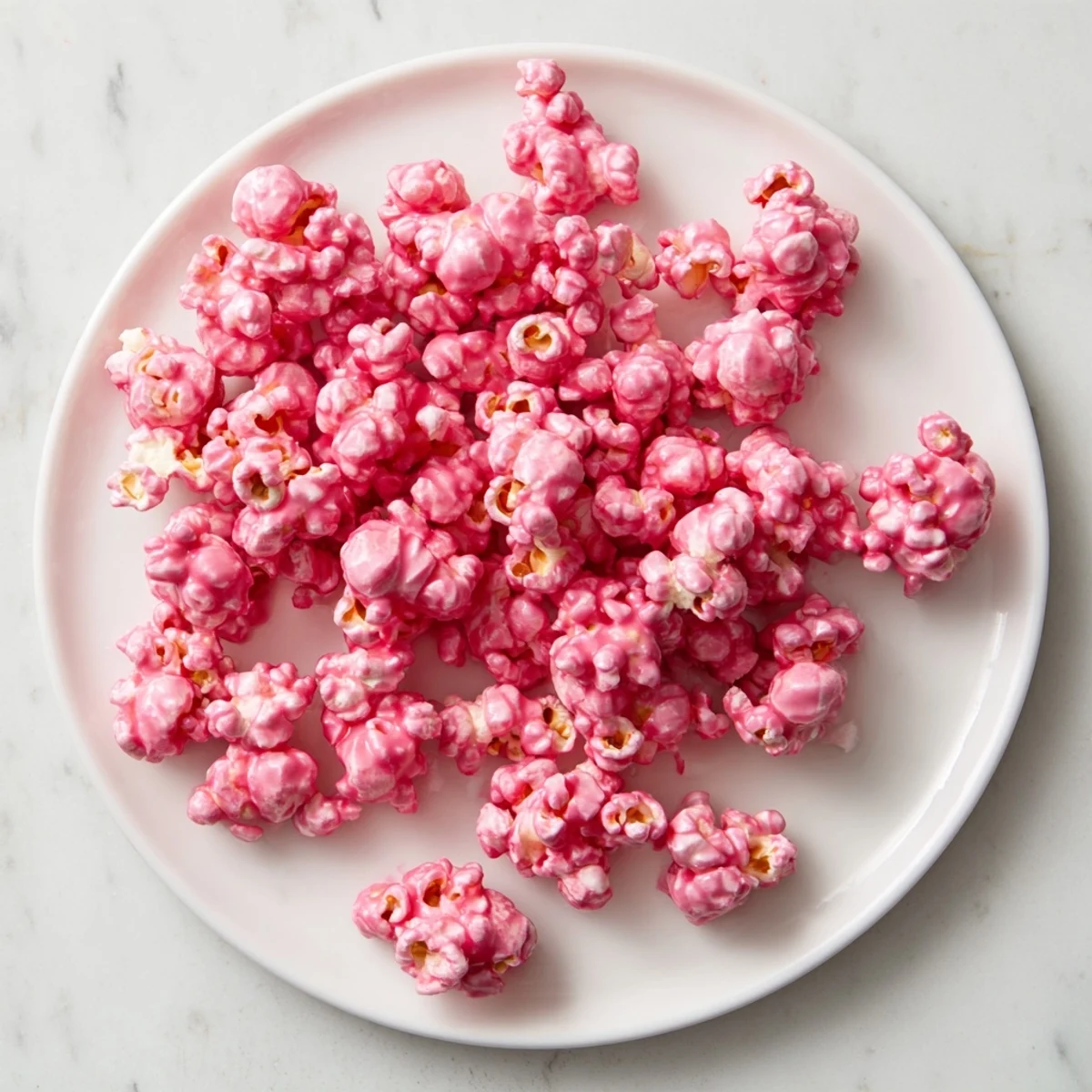 Handful of glossy pink popcorn clusters scattered on white parchment paper, showcasing the sweet vanilla candy coating.