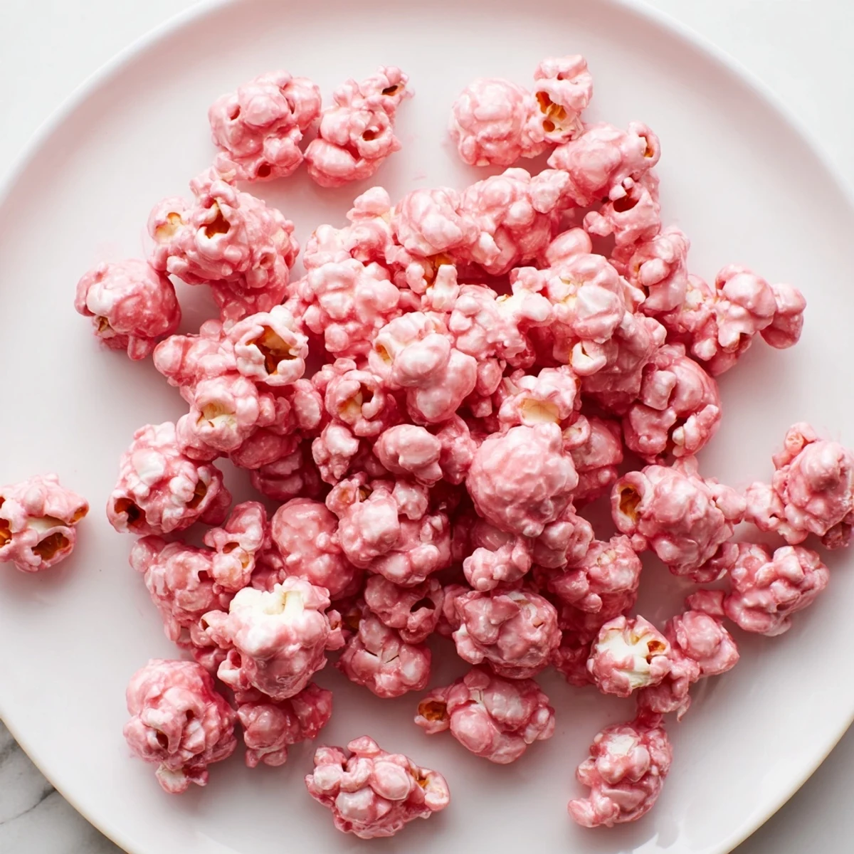 Bowl filled with vibrant pink popcorn, each kernel lightly glazed and glistening under kitchen lighting.