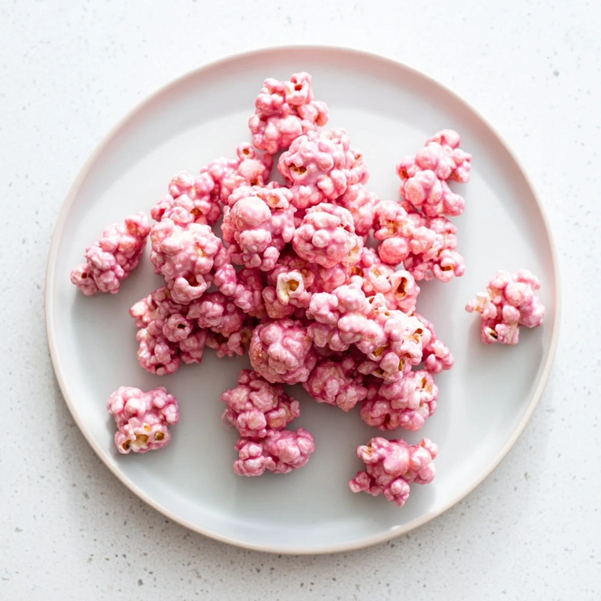 Close-up of rosy pink popcorn pieces arranged on baking sheet, displaying the crunchy textured candy shell.