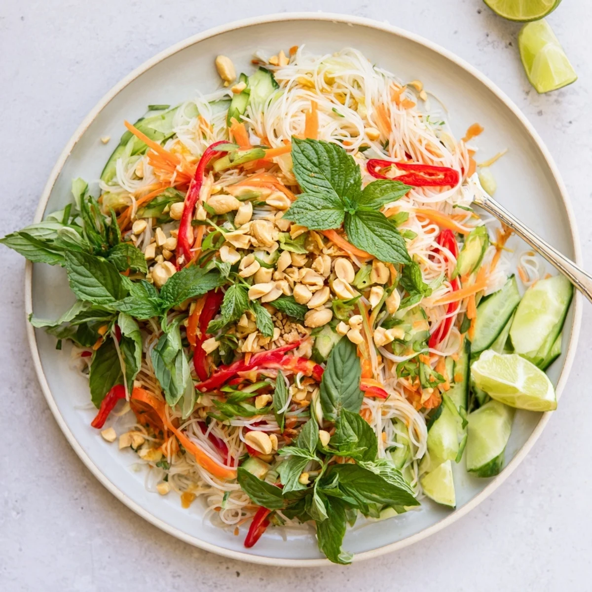 Colorful Vietnamese noodle salad with crisp vegetables and fresh herbs topped with crushed peanuts