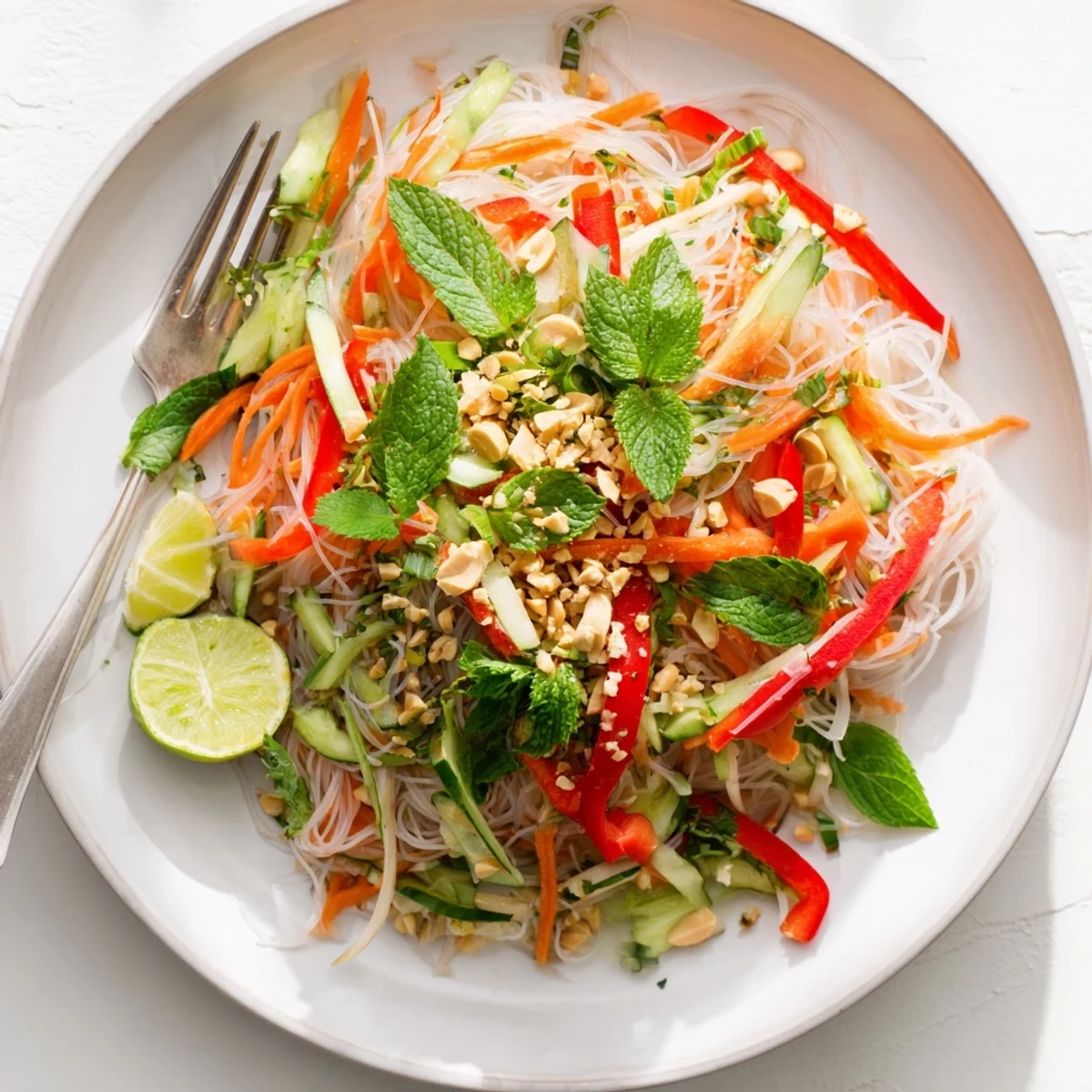 Bowl of Vietnamese noodle salad tossed with zesty dressing, crunchy vegetables, and fragrant herbs
