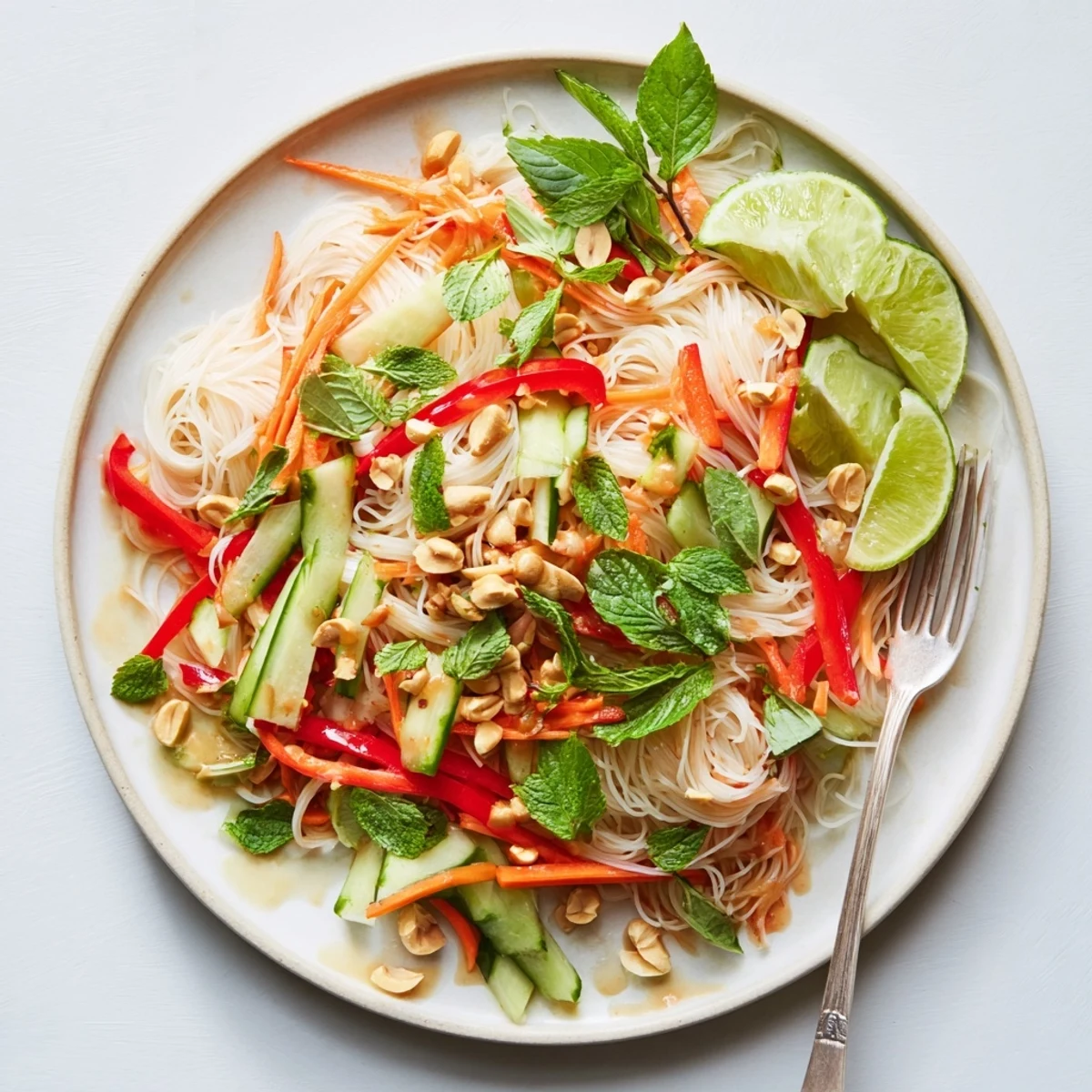 Refreshing Vietnamese noodle salad featuring rice vermicelli, tangy lime dressing, and vibrant vegetable medley