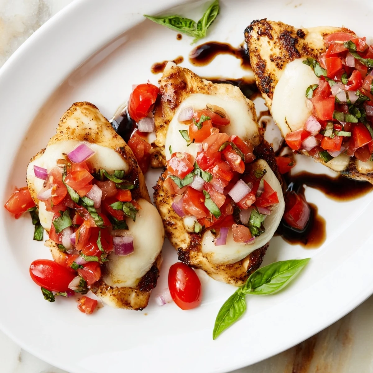 Golden pan-seared chicken breasts baked with mozzarella bruschetta chicken topped with fresh diced tomatoes and melted mozzarella cheese