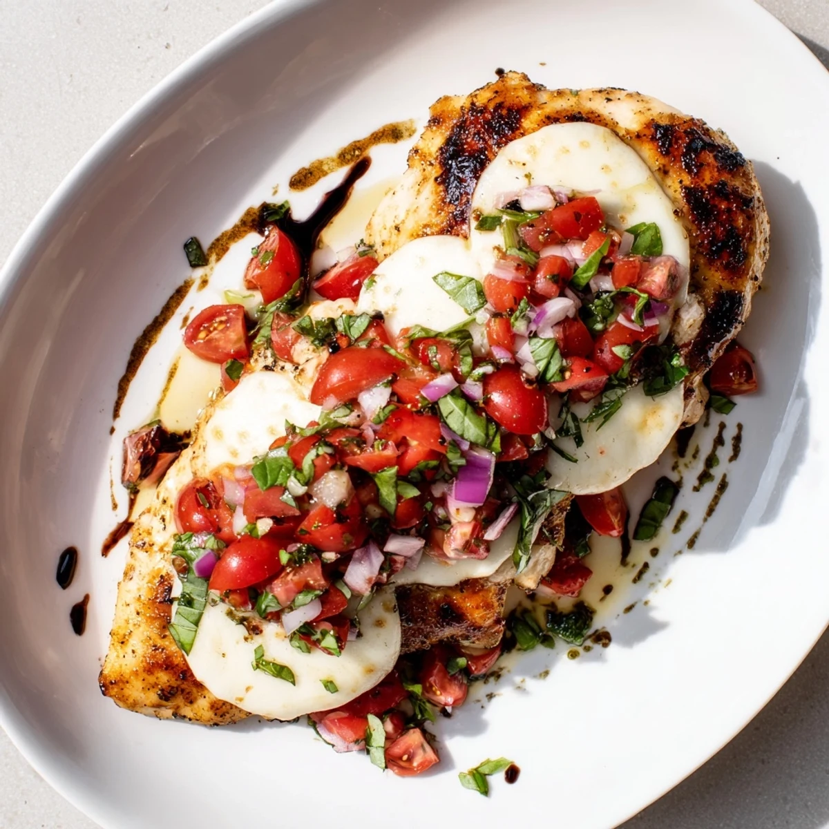 Close-up of tender mozzarella bruschetta chicken showcasing juicy tomato bruschetta topping and bubbling golden cheese on seasoned chicken