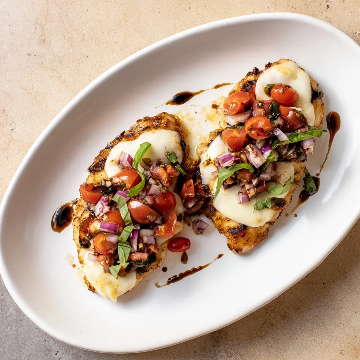 Plated mozzarella bruschetta chicken garnished with basil and balsamic glaze alongside roasted vegetables for a complete Italian dinner