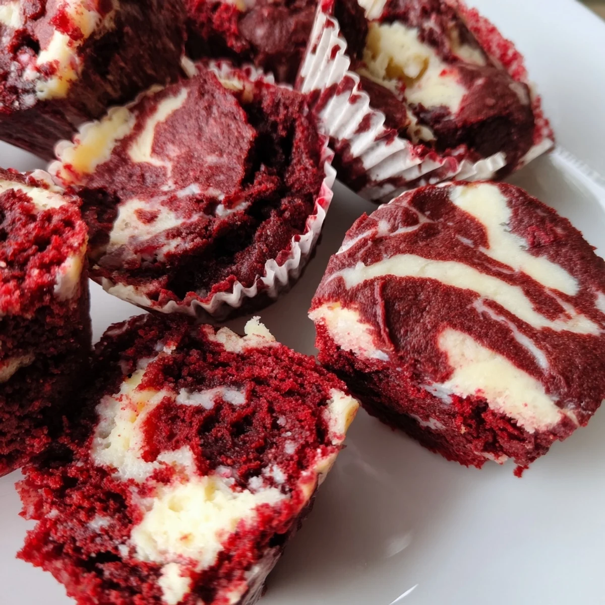 Fudgy homemade red velvet brownie bites with marbled cream cheese swirl on a white serving plate