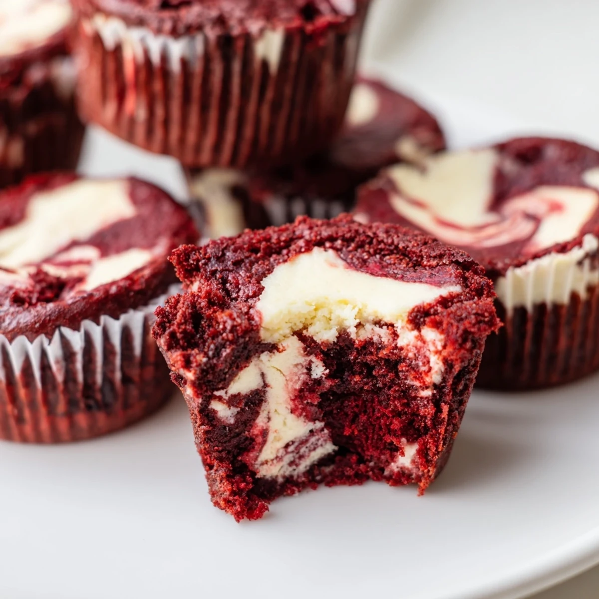 Decadent red velvet brownie bites swirled with creamy cheesecake topping in a mini muffin tin