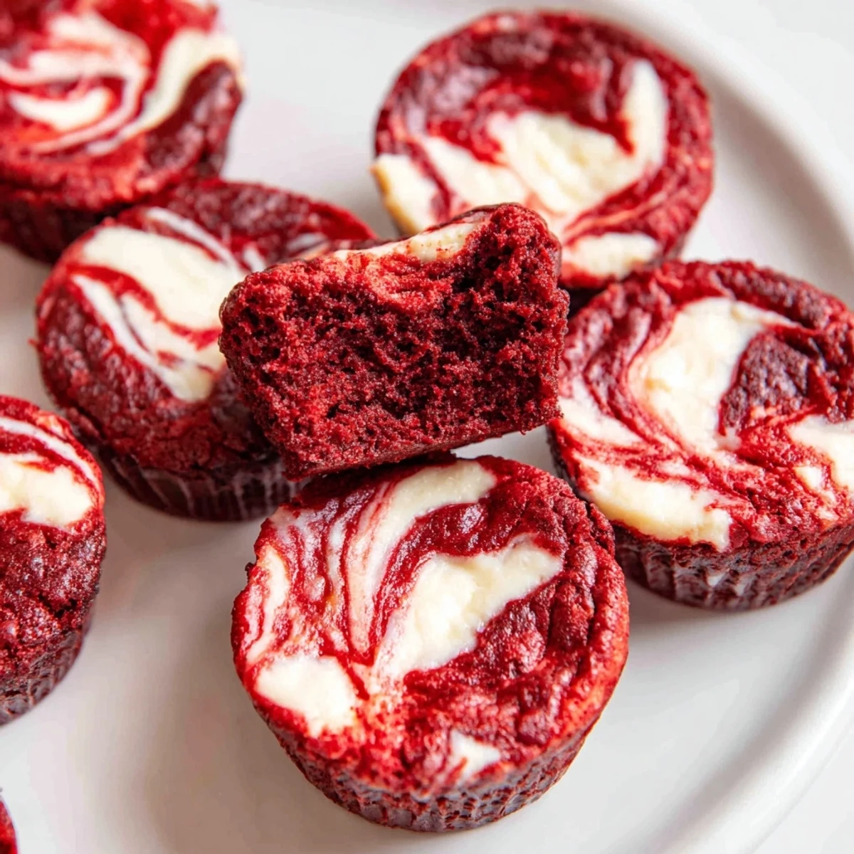 Bite-sized red velvet brownies topped with luscious cream cheese swirl and vibrant red color