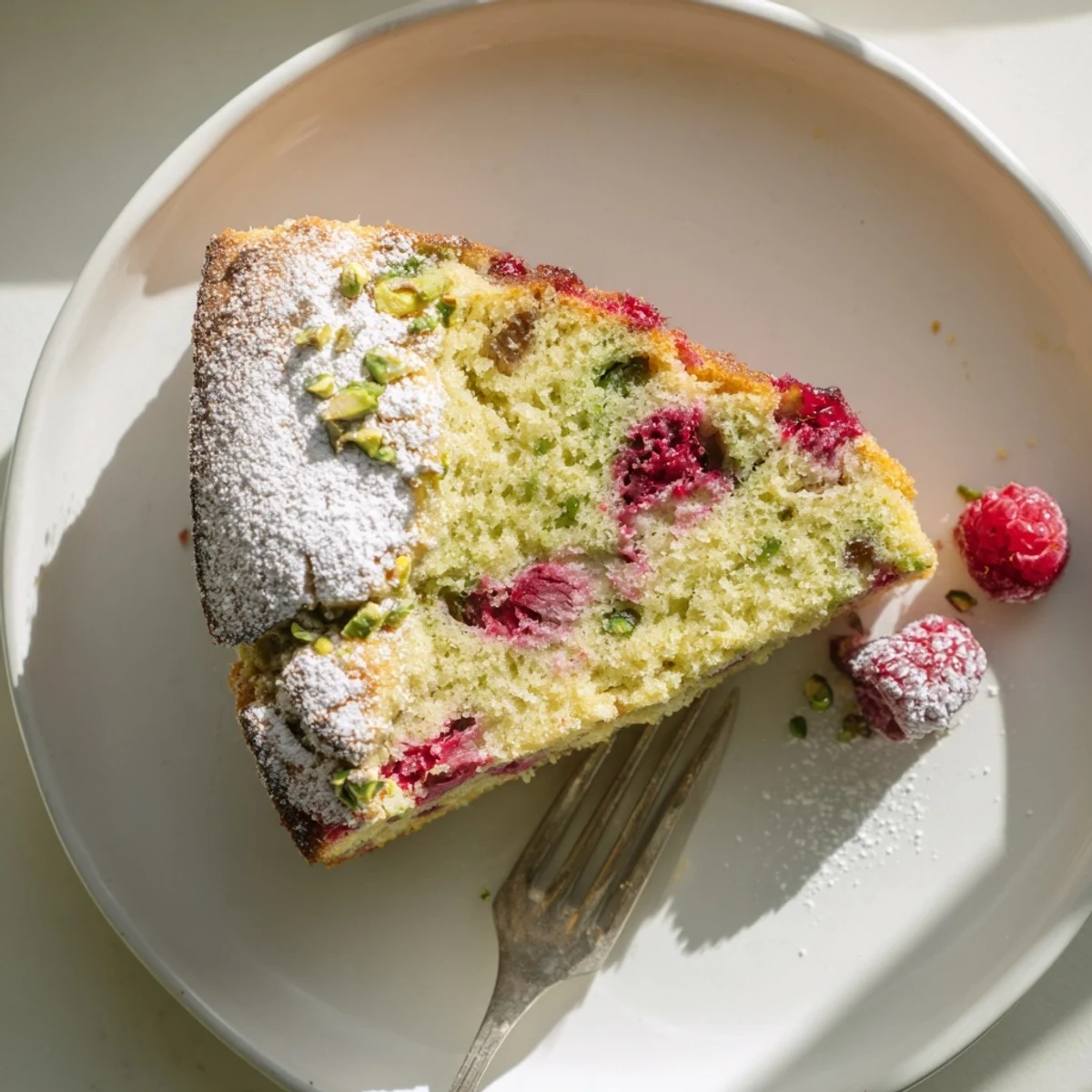 Moist pistachio raspberry cake slice topped with powdered sugar and chopped pistachios on a white plate