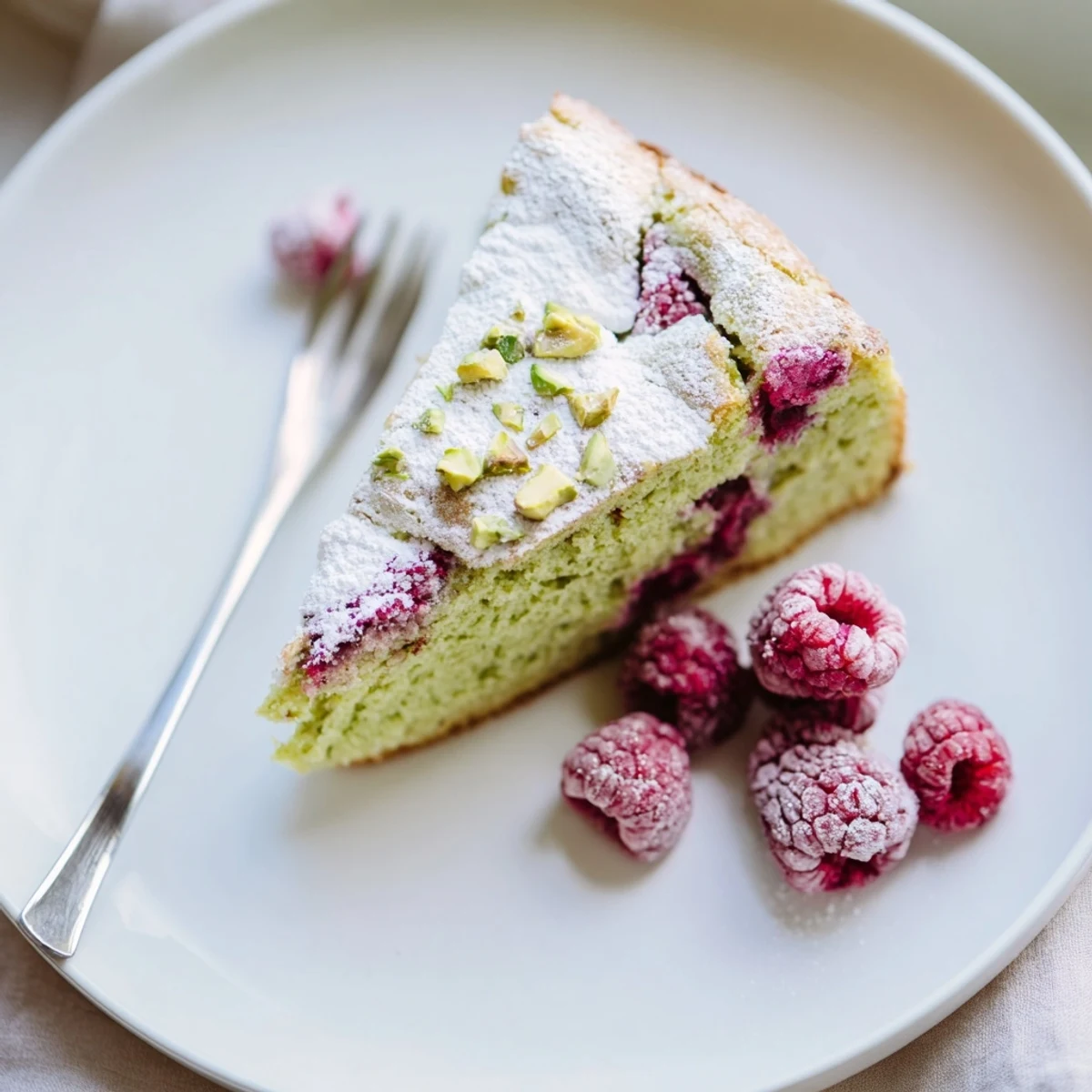 Golden pistachio raspberry cake with vibrant red berries baked inside and dusted with sugar