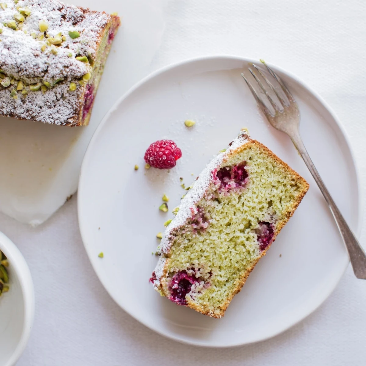 Fluffy pistachio raspberry cake layer with fresh raspberries and ground nuts throughout the crumb