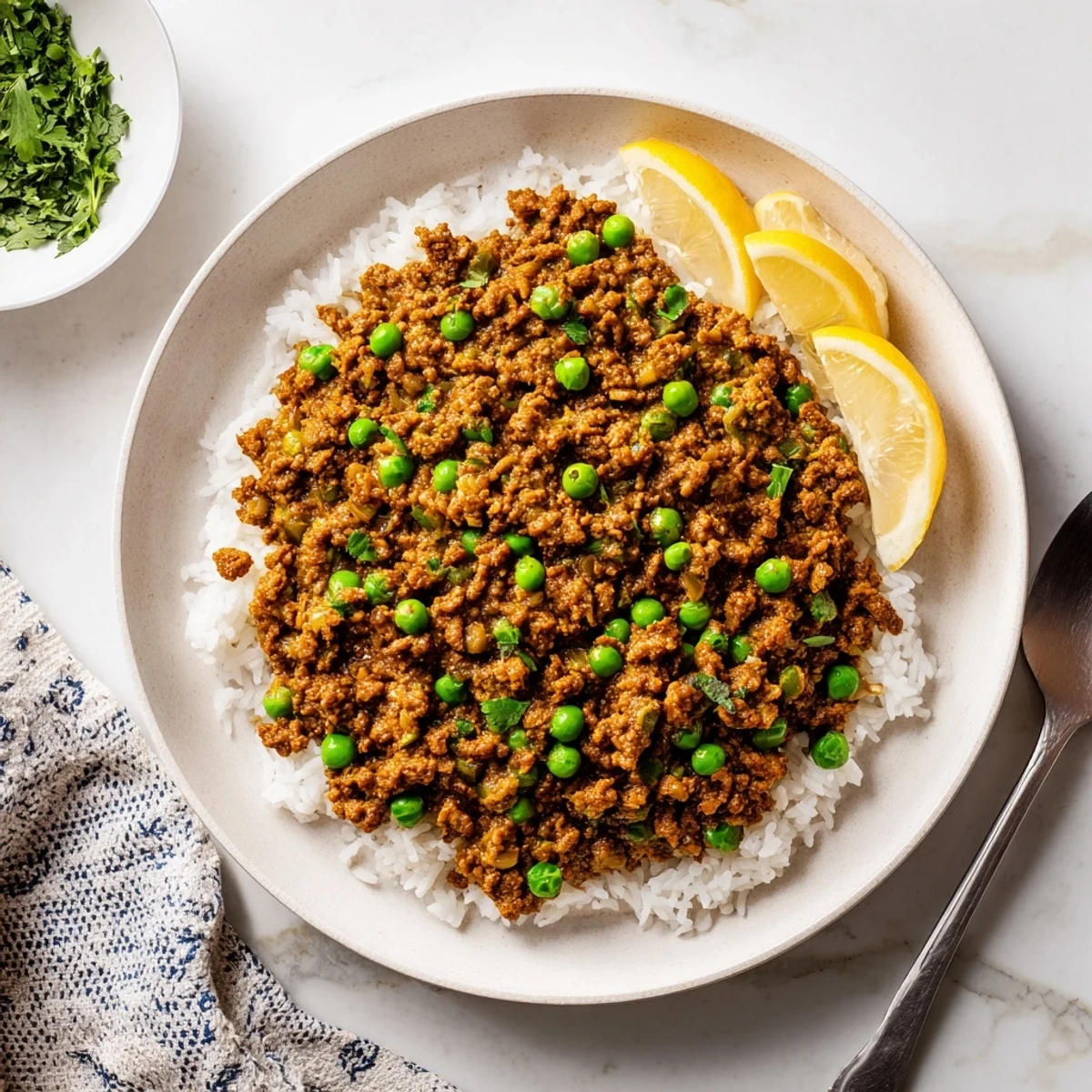 Golden savory Keema curry garnished with fresh cilantro and served over fluffy white basmati rice