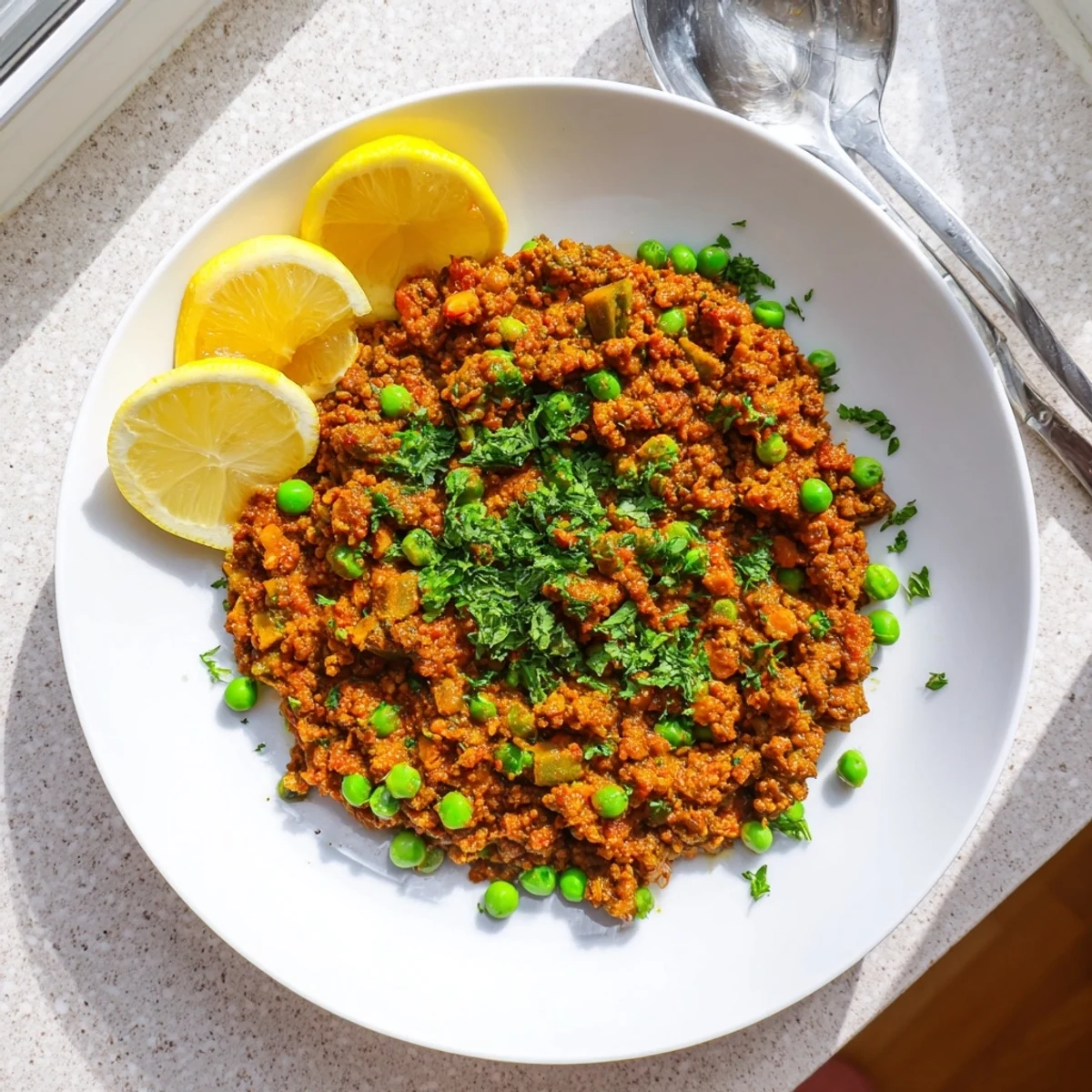 Rich and spicy Keema curry plated with warm naan bread for scooping up the flavorful tomato-based sauce