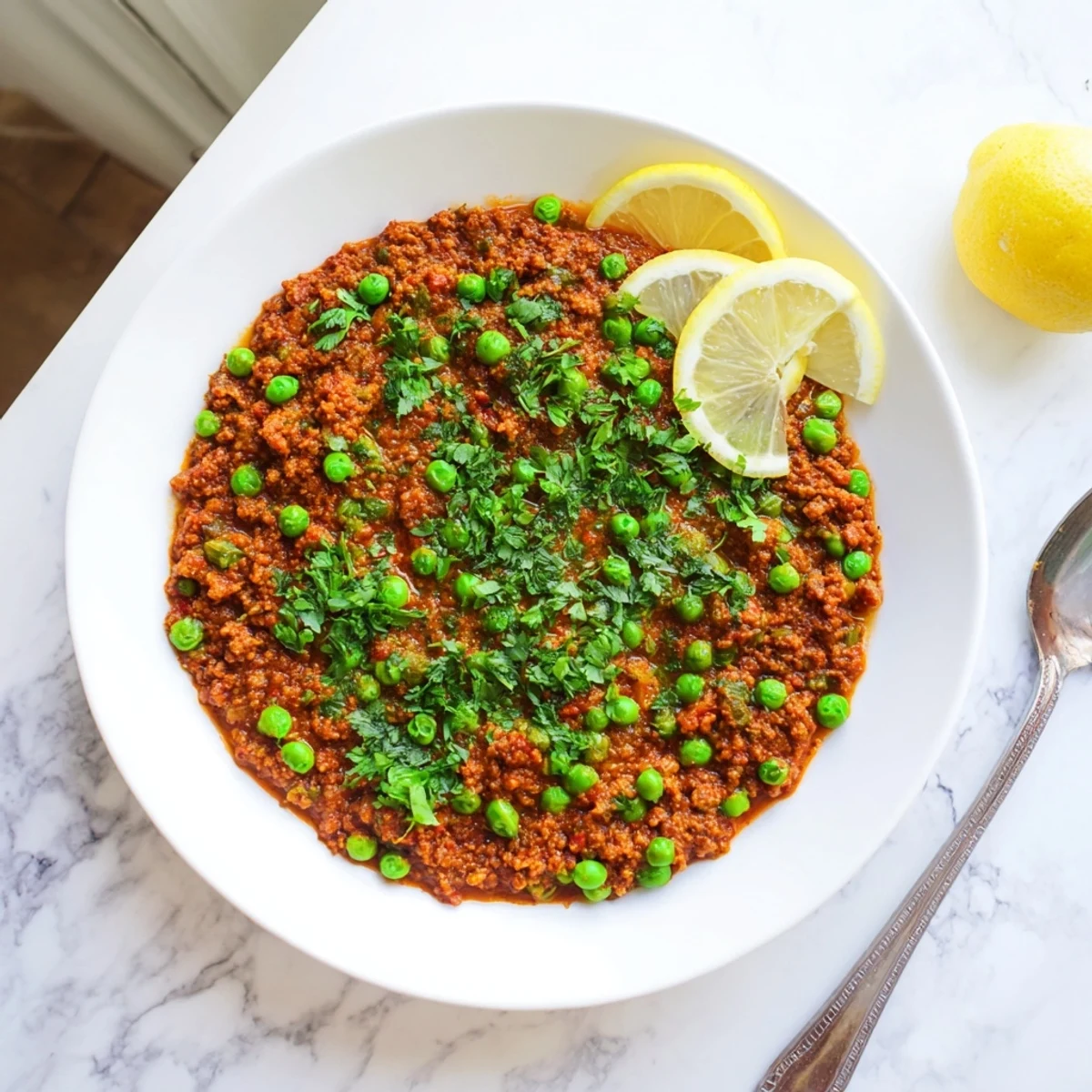 Hearty bowl of aromatic Keema curry featuring tender ground meat simmered with green peas and warming Indian spices
