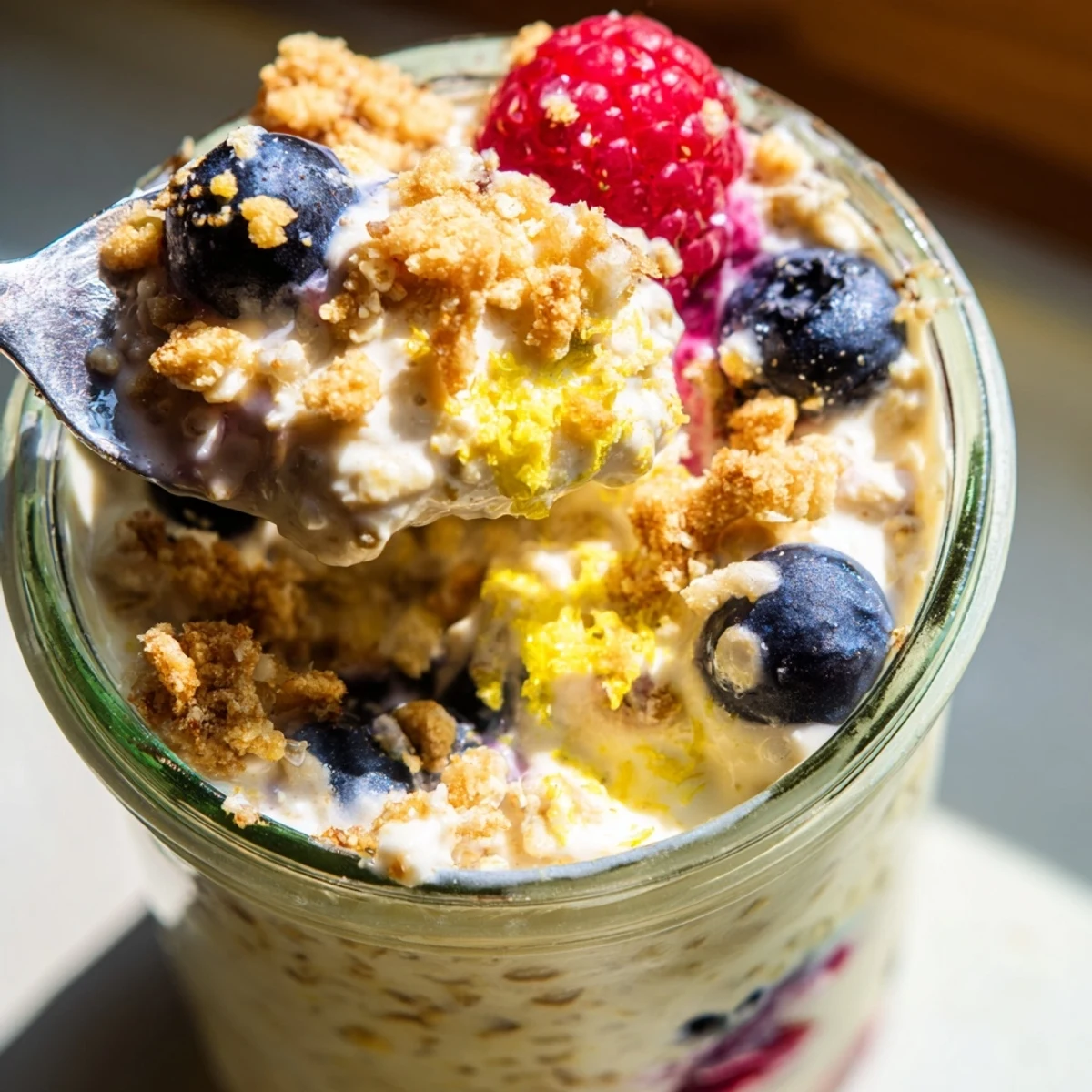 Two Mason jars filled with lemon cheesecake overnight oats topped with strawberries and extra graham cracker crunch for breakfast