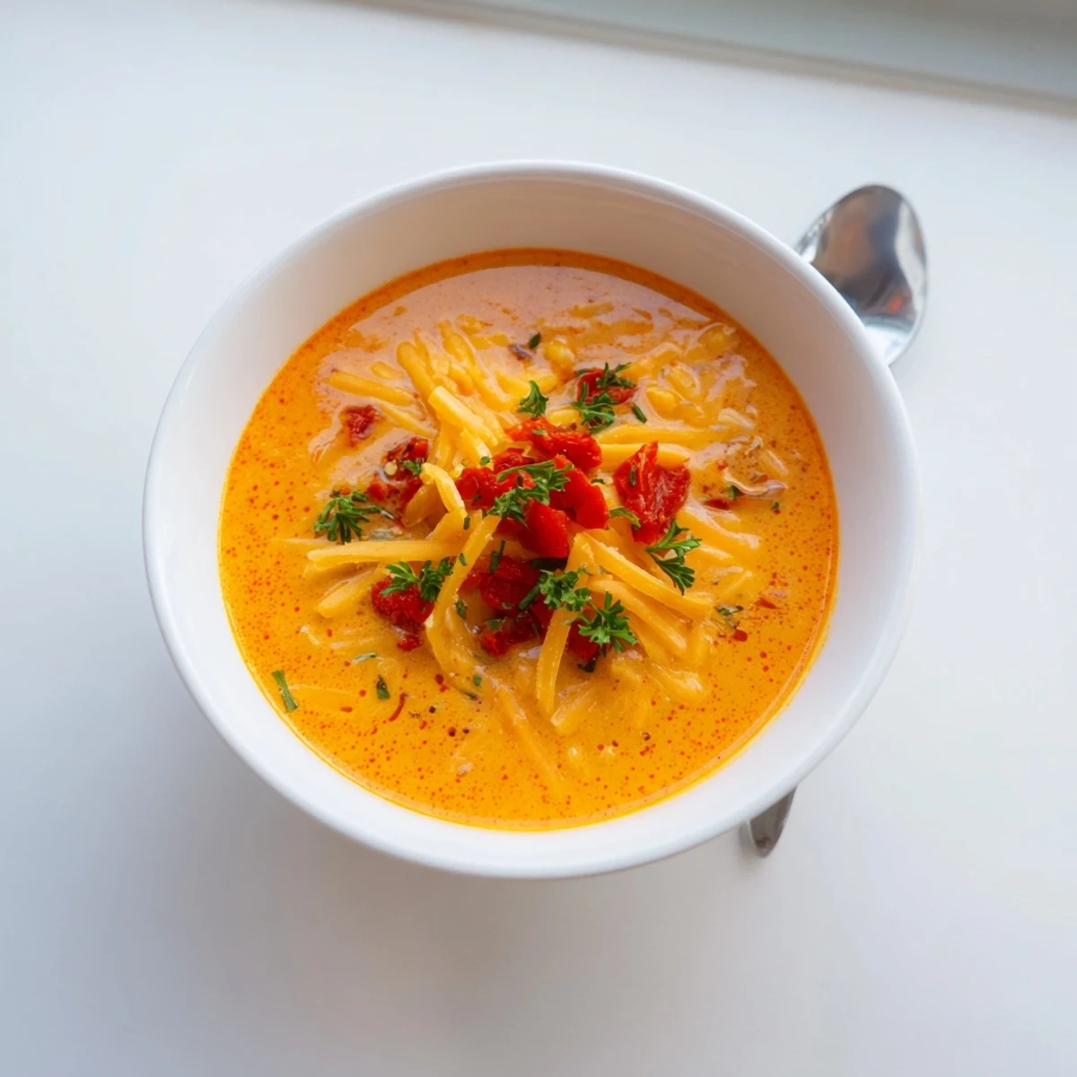 Velvety roasted red pepper Gouda soup served in white bowls with crusty bread on the side
