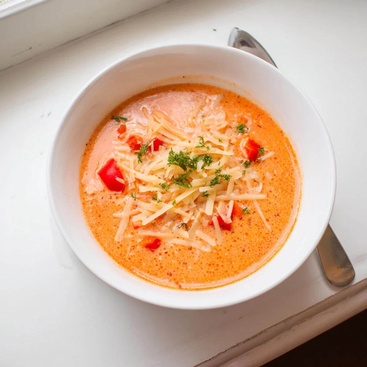 Creamy roasted red pepper Gouda soup garnished with fresh parsley and extra shredded cheese