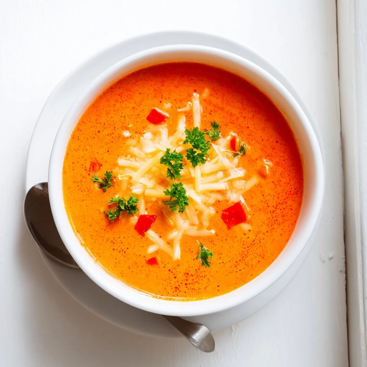 Steaming bowl of roasted red pepper Gouda soup featuring smooth texture and golden cheese topping