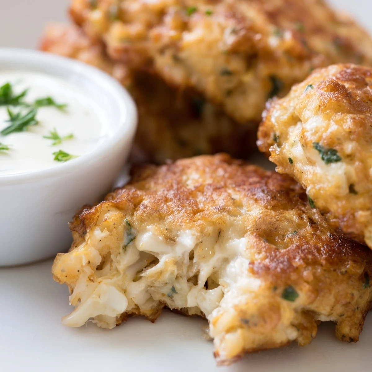 Golden brown cheesy chicken fritters drizzled with creamy homemade garlic aioli dip