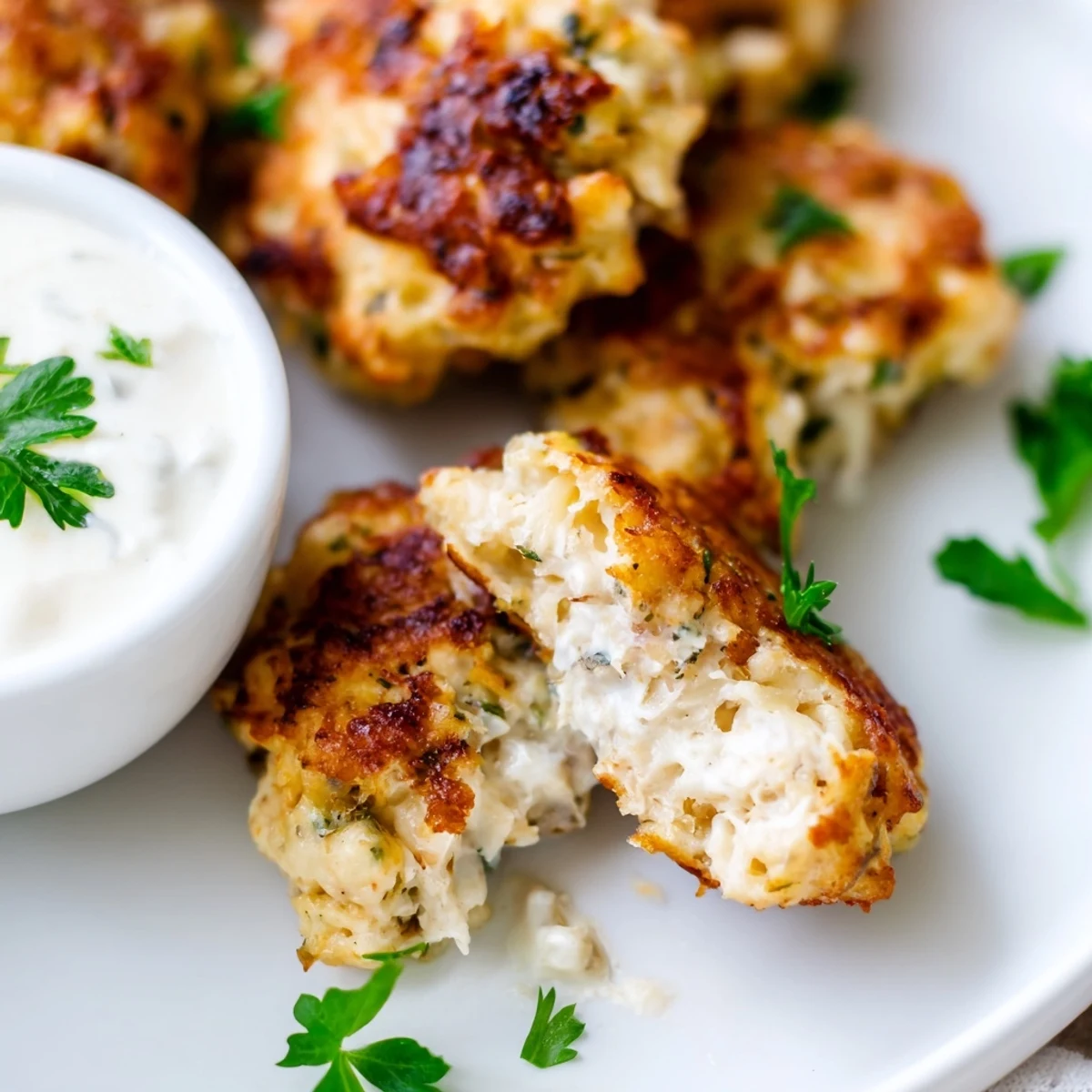 Tender cheesy chicken fritters arranged on a white plate with tangy garlic dipping sauce