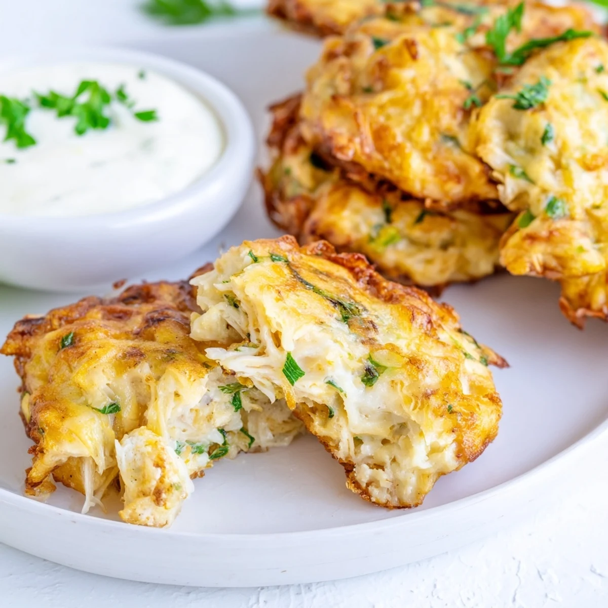 Crispy pan-fried chicken fritters sprinkled with parsley and served alongside garlic aioli