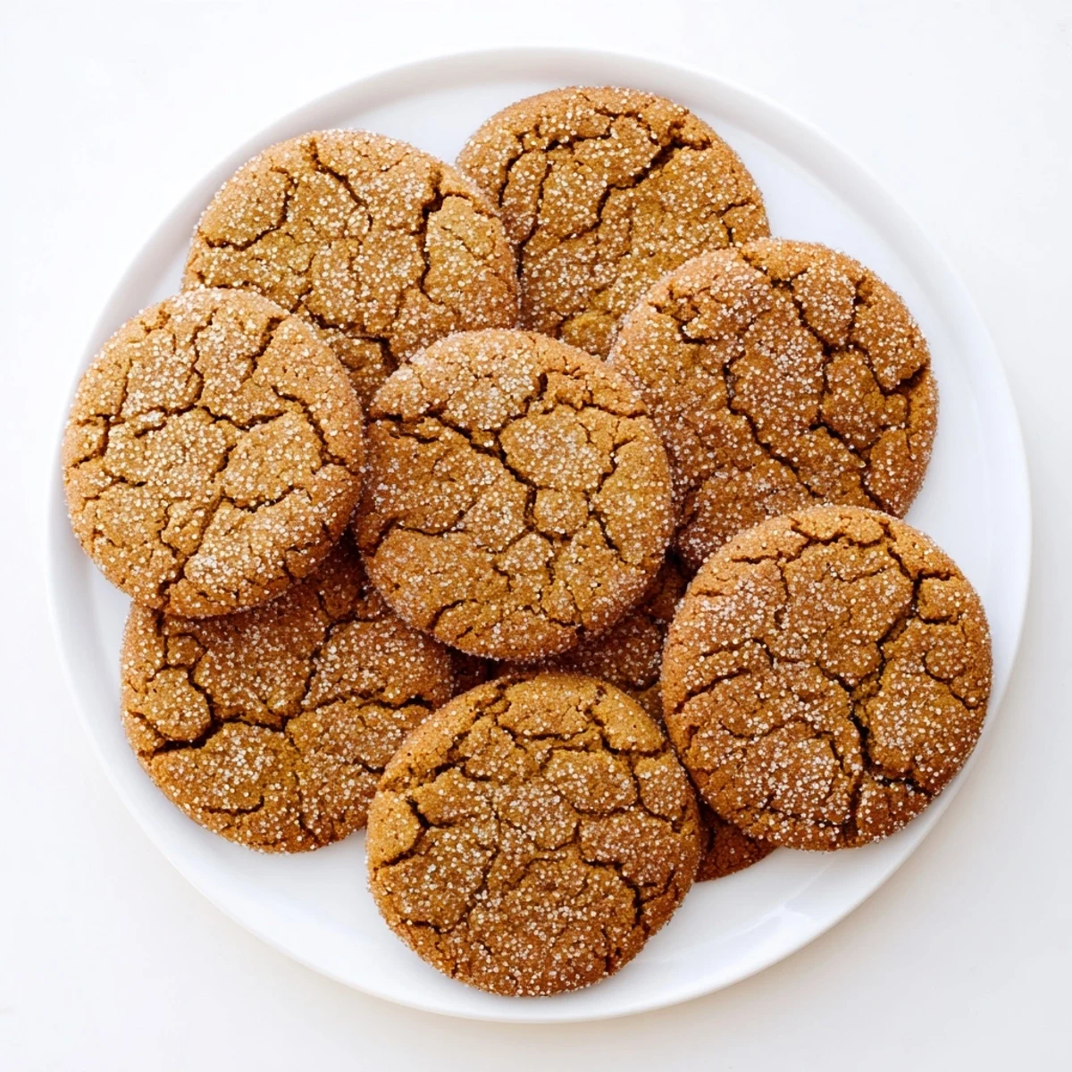 Golden brown gingersnap cookies with signature crackled tops cooling on a wire rack
