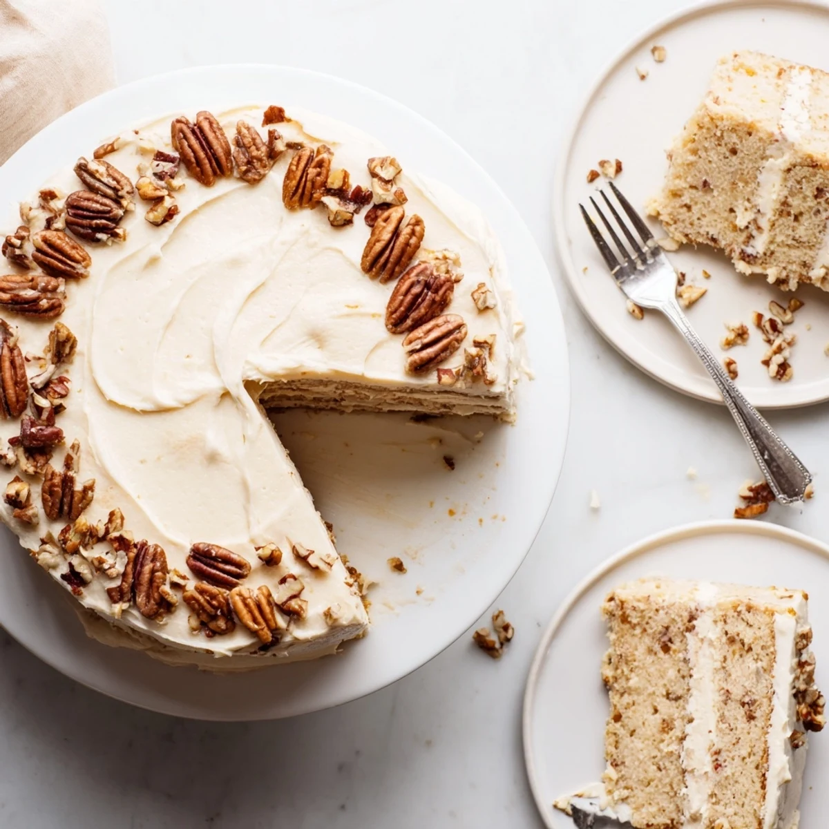 Three-layer butter pecan cake with rich creamy frosting and scattered crunchy toasted pecans on top