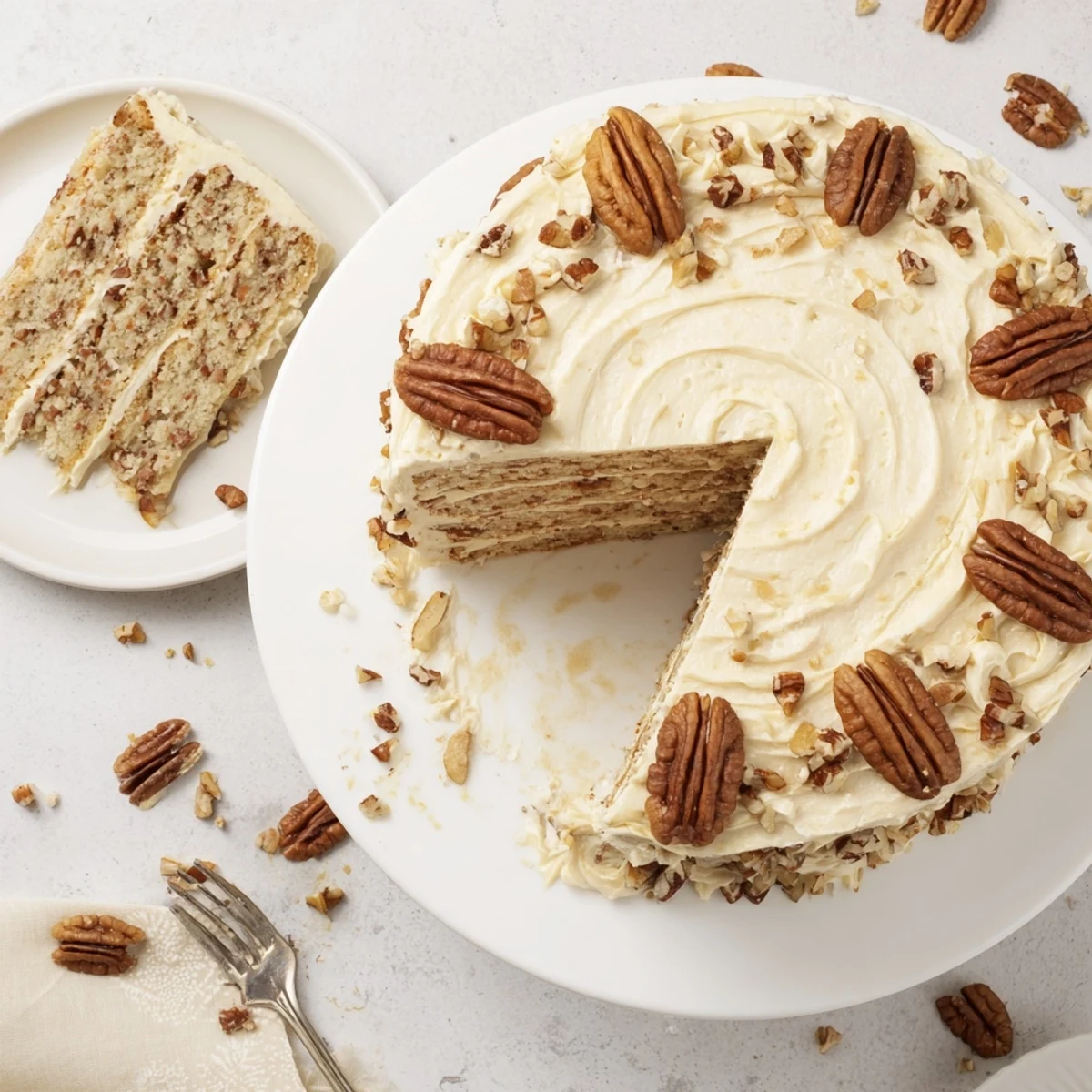 Moist butter pecan cake layered with velvety buttercream and topped with golden brown toasted pecans