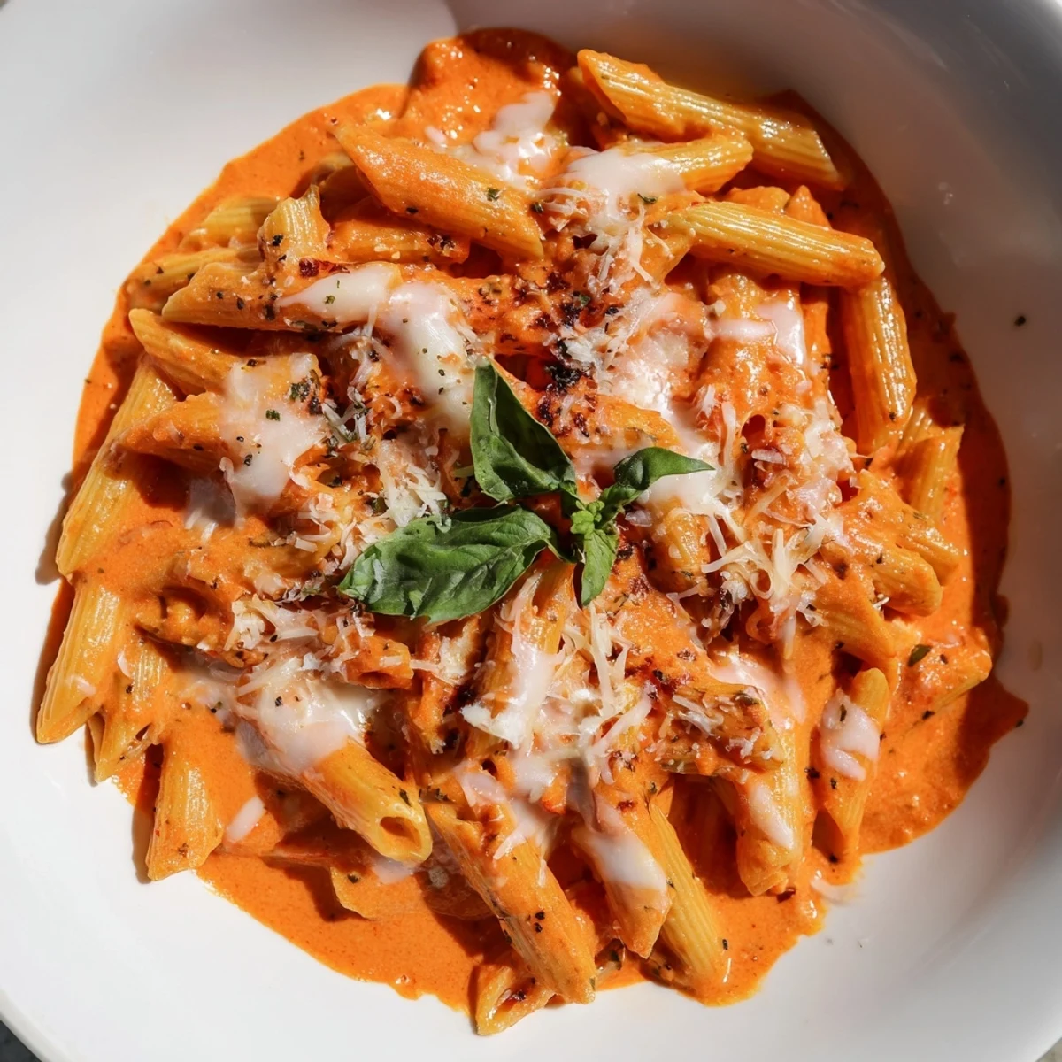 Creamy tomato garlic pasta coated in velvety red sauce with fresh basil garnish