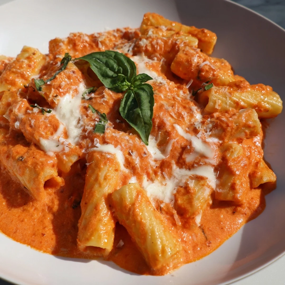 Close-up of creamy tomato garlic pasta showcasing smooth tomato cream sauce and al dente noodles