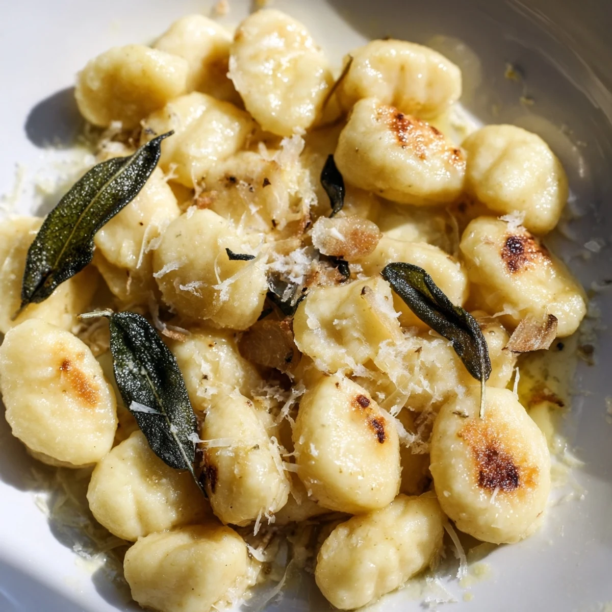 Golden brown butter sage gnocchi plated with crispy sage leaves and melted parmesan cheese