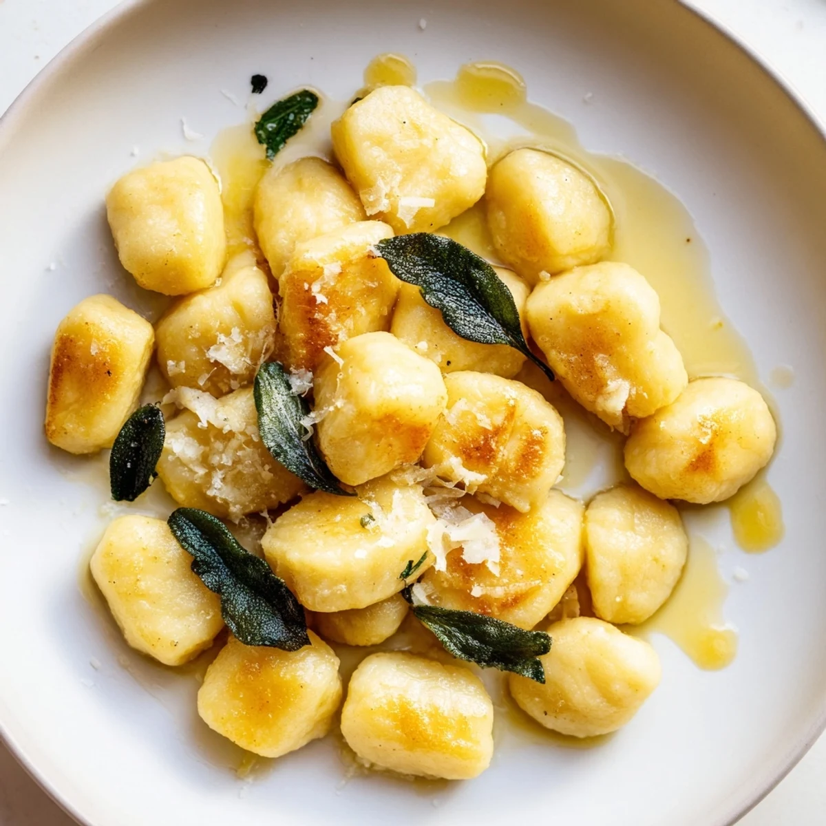 Close-up of brown butter sage gnocchi tossed with garlic and parmesan in a rustic white bowl