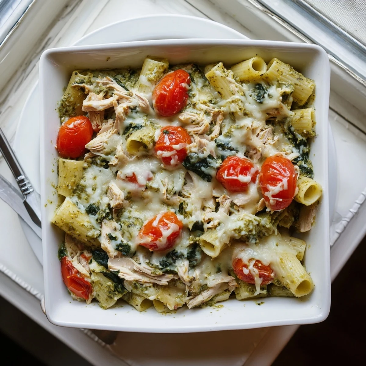 Golden cheesy creamy pesto chicken pasta bake fresh from oven with bubbling melted mozzarella topping