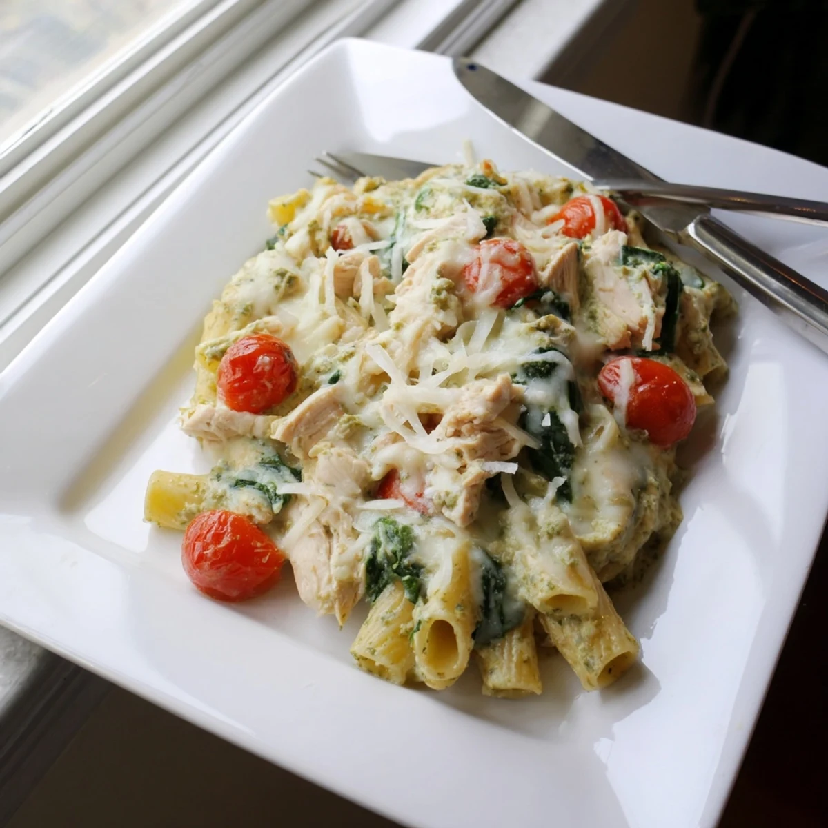Baked pasta dish featuring tender chicken pieces in vibrant green basil pesto cream sauce with cherry tomatoes