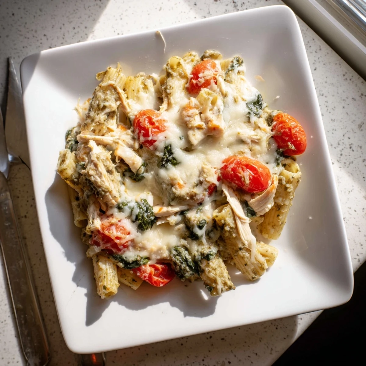Steamy casserole of al dente penne coated in rich pesto cream sauce with shredded chicken and melted cheese