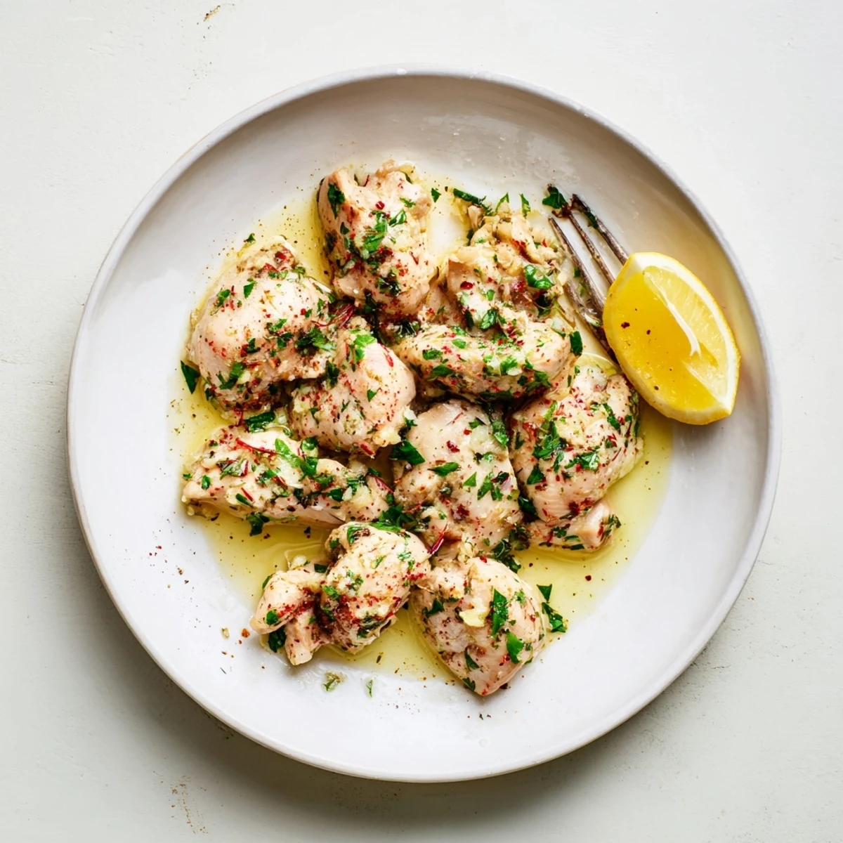 Melt-in-your-mouth garlic butter chicken with fresh parsley garnish on a white plate
