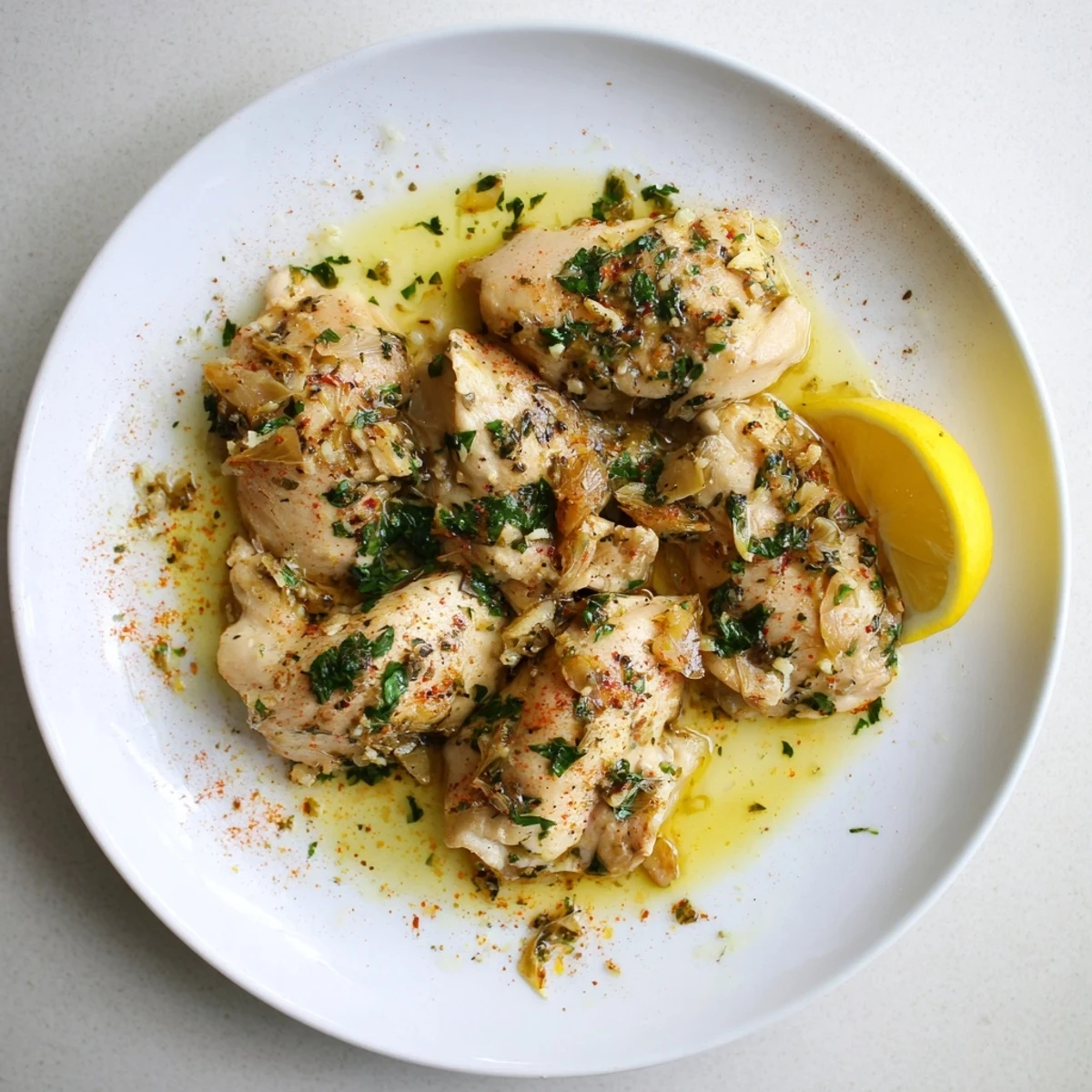 Succulent chicken breasts swimming in rich garlic butter sauce after slow cooking
