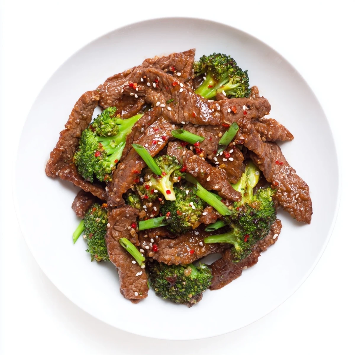 Golden brown beef strips and bright green broccoli served over steamed white rice with a savory soy ginger glaze