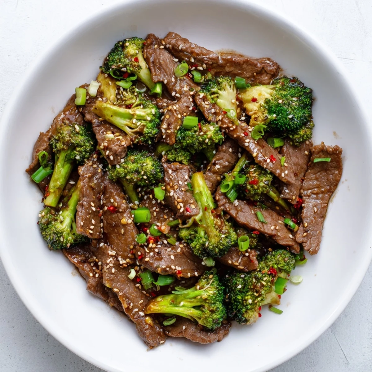 Instant Pot beef and broccoli plated with sesame seed garnish and fresh green onion slices on a white ceramic dish
