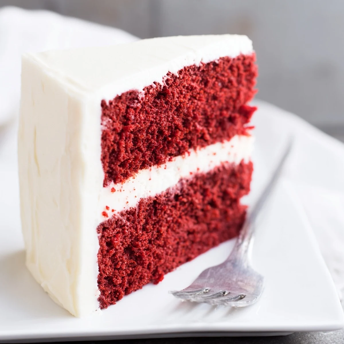Moist red velvet cake layer with creamy white cream cheese frosting on top