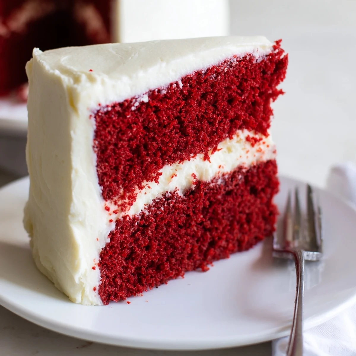 Two-layer red velvet cake sliced showing tender red crumb and thick frosting