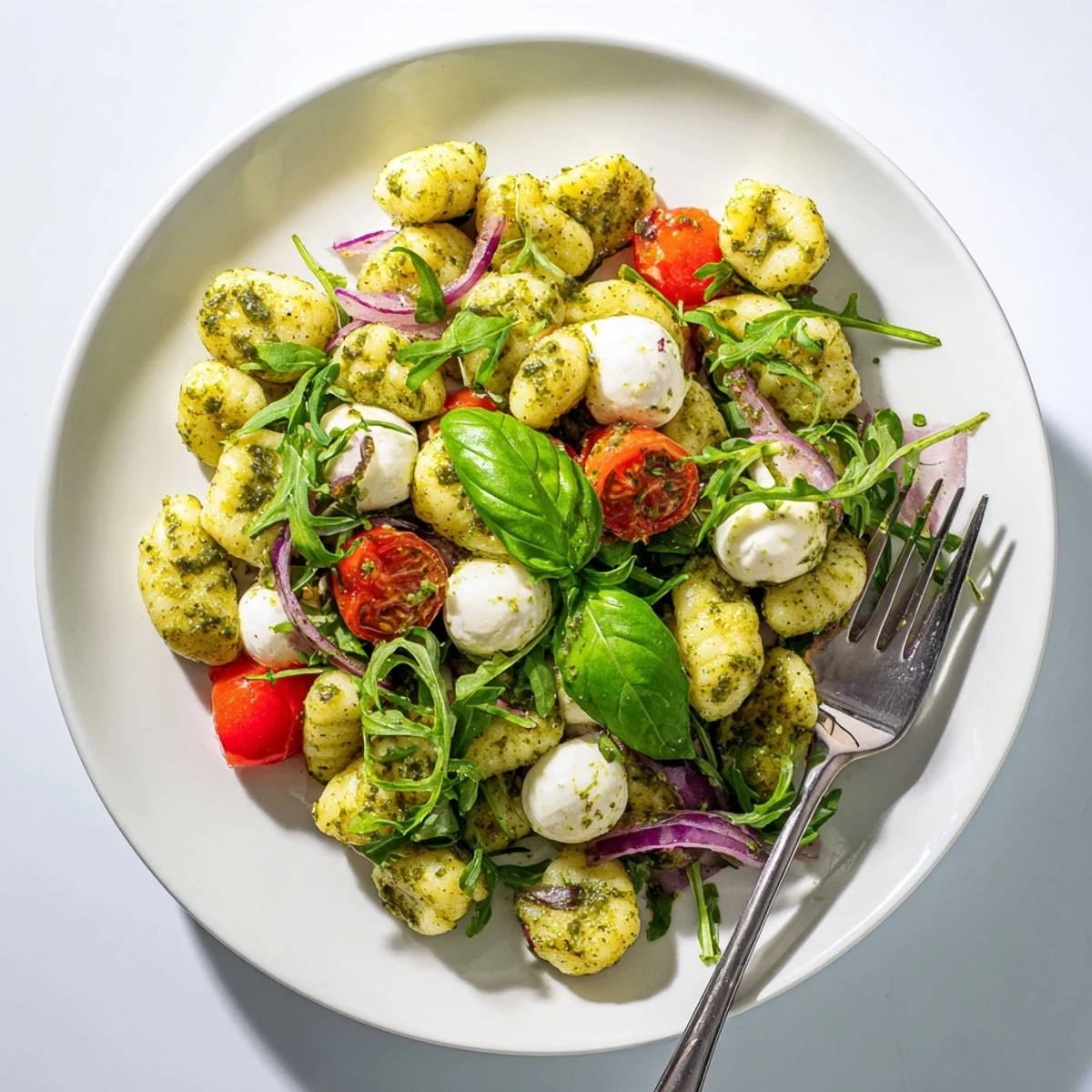 Golden roasted gnocchi salad with colorful vegetables, fresh mozzarella, and vibrant basil pesto