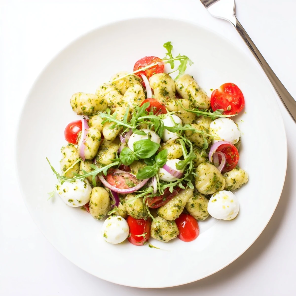 Warm Italian-inspired gnocchi salad featuring fresh greens, melted cheese, and zesty homemade pesto