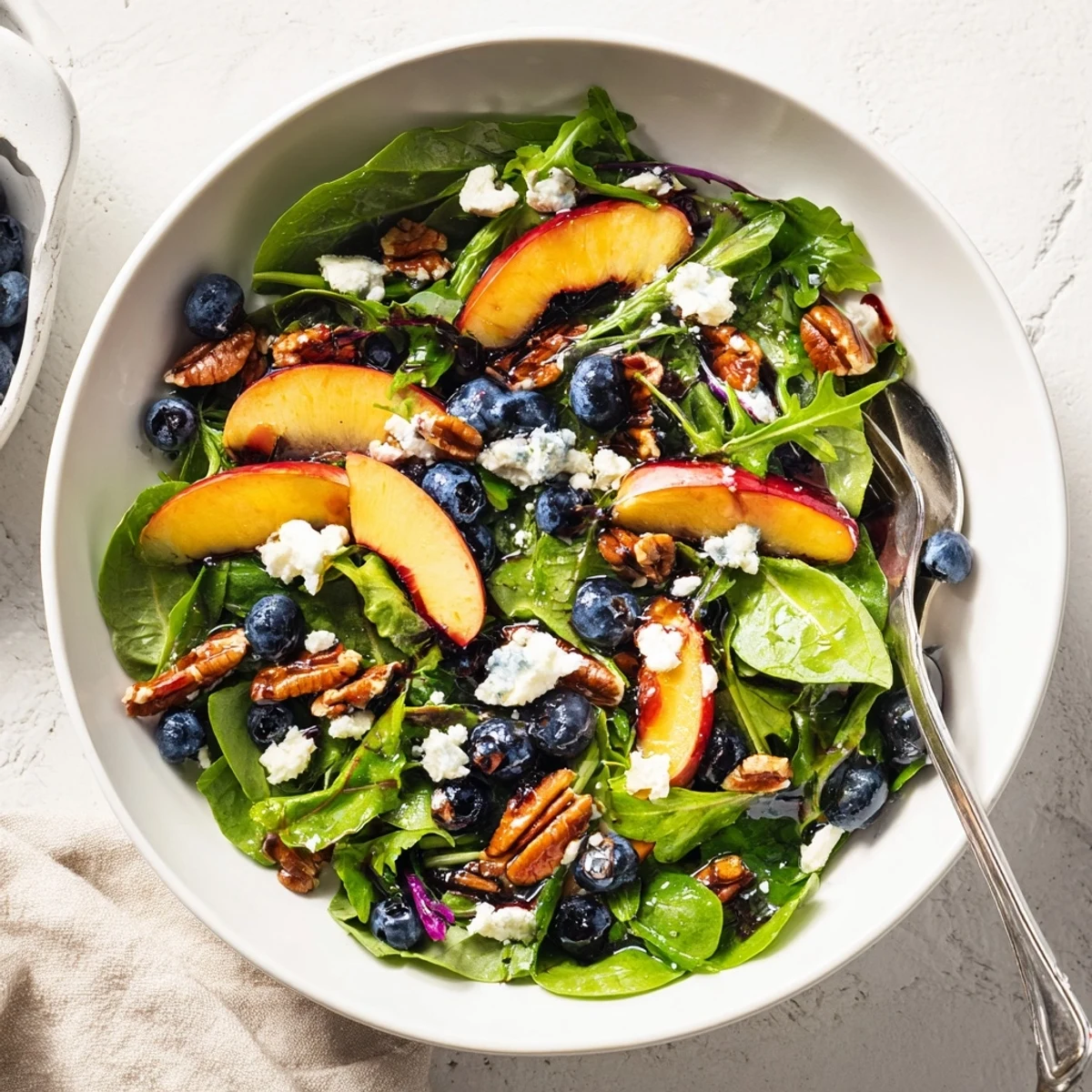 Fresh blueberry peach feta salad with toasted pecans and balsamic dressing served in rustic wooden bowl for summer lunch