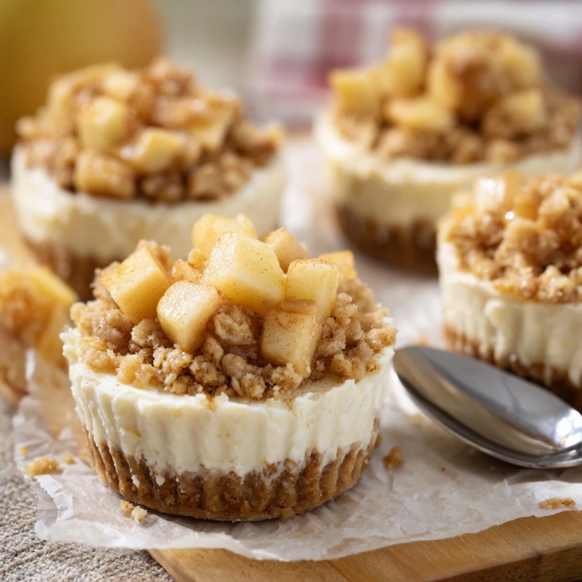 Golden apple crisp mini cheesecakes topped with warm cinnamon spiced apples and buttery oat crumble