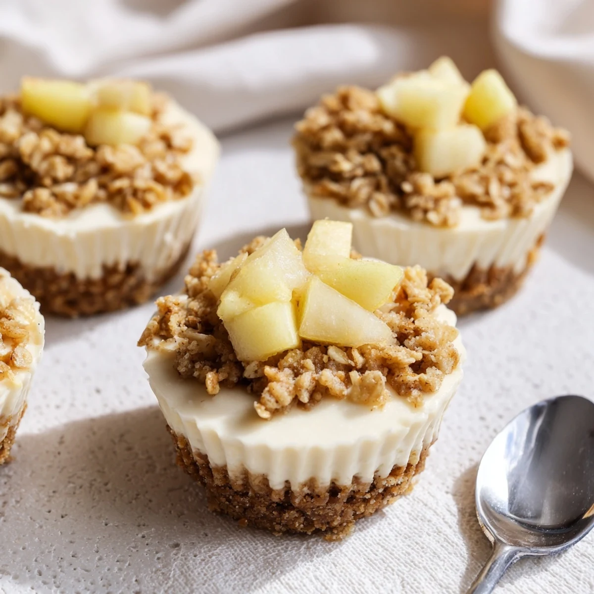 Creamy individual cheesecakes baked with graham cracker crusts and topped with caramelized apple crisp topping