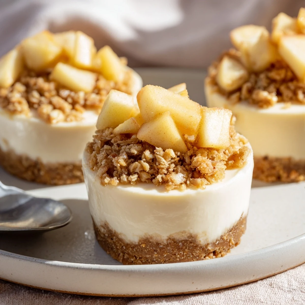 Mini apple crisp cheesecakes featuring tender spiced apples over rich cheesecake in a portable dessert