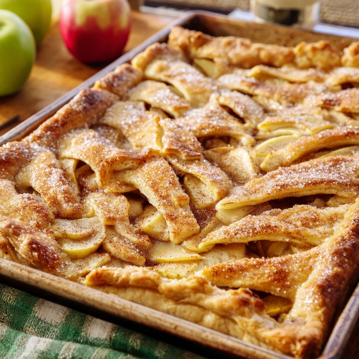 Rectangular apple slab pie featuring bubbling cinnamon fruit beneath a buttery lattice-topped pastry crust