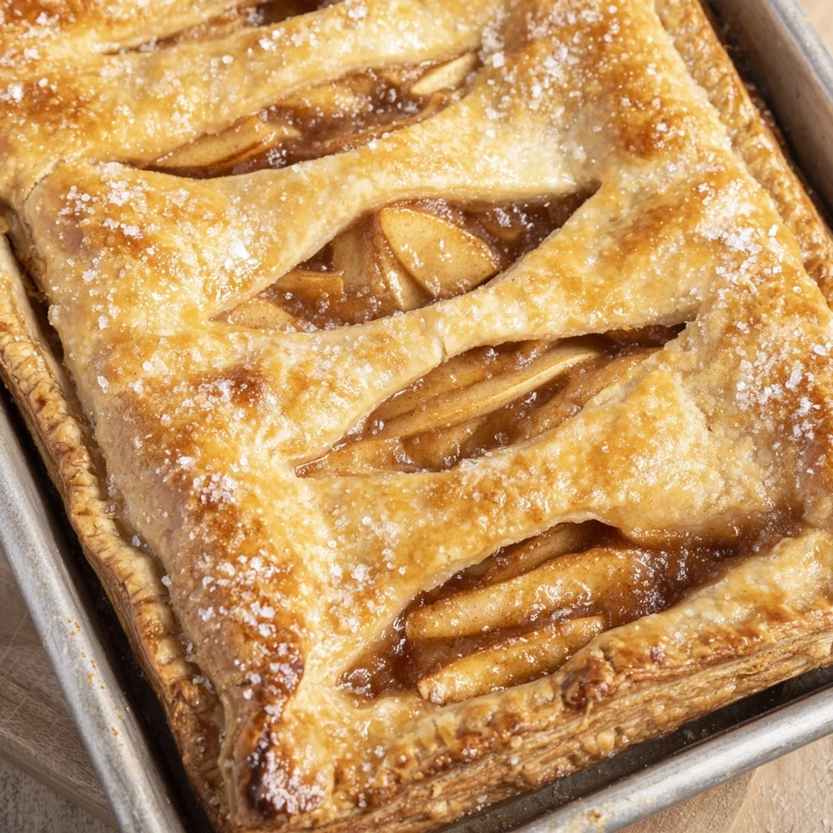 Golden apple slab pie with flaky crust and spiced filling cooling on a wire rack
