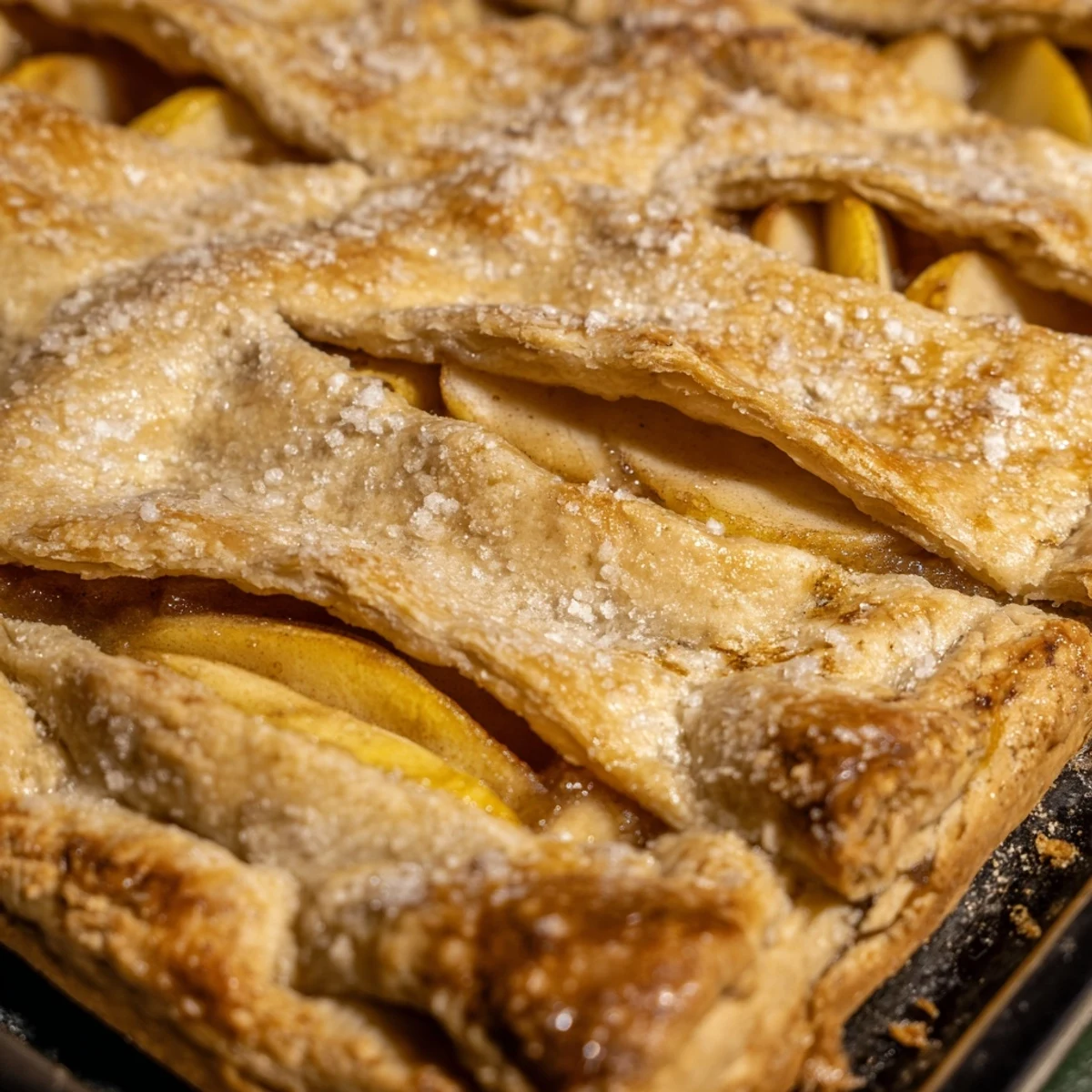 Sliced square of apple slab pie served warm with vanilla ice cream on a white plate